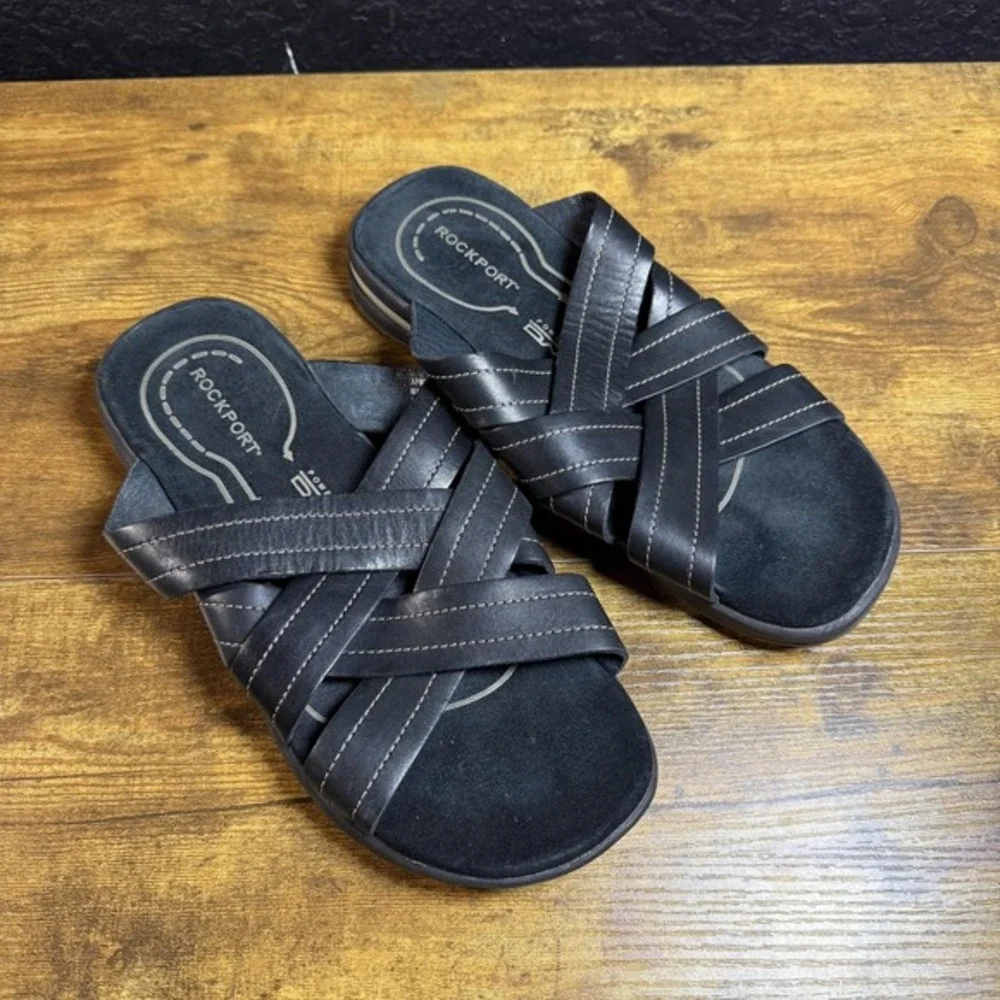 Rockport APM26651 Black‎ Leather Crisscross Slide Sandals Womens 9.5M